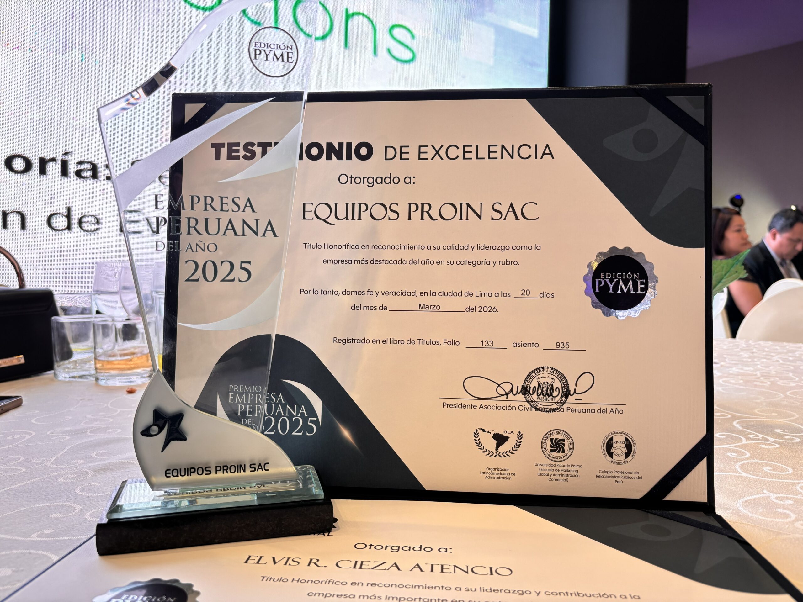 Testimonio de excelencia Equipos PROIN SAC